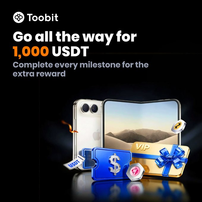 A promotional banner from Toobit featuring the headline "Go all the way for 1,000 USDT – Complete every milestone for the extra reward," accompanied by 3D graphics of an iPhone, a gold VIP card with a blue gift bow, and a blue ticket displaying a dollar sign with USDT and other crypto coin accents, visually representing the VIP Futures Position Voucher reward of 100 USDT with 10× leverage offered to the first 50 users to complete all milestone activities.