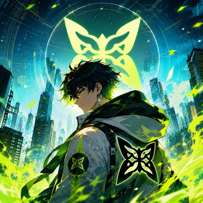 The image features an anime character with a butterfly design on their jacket who appears to be standing against a city skyline backdrop. The character has a backpack on their back and seems to be looking off into the distance, possibly contemplating something or observing the surroundings. The scene is set in a futuristic urban environment, which adds to the overall atmosphere of the image.
