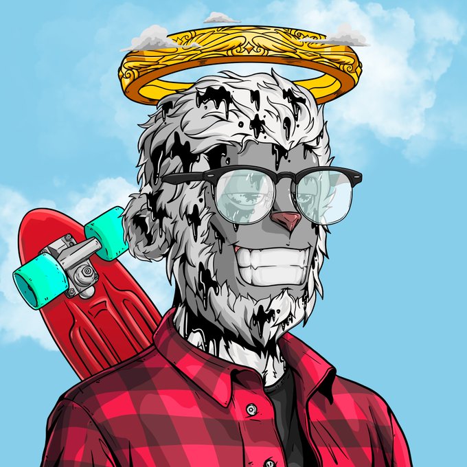 An anime-style illustration of an anthropomorphic wolf wearing sunglasses and a red plaid shirt with a skateboard over its shoulder and a halo above its head.