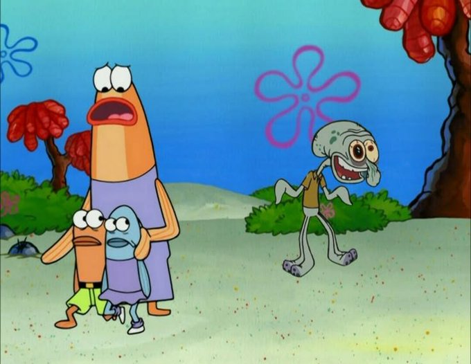 In a scene from SpongeBob SquarePants, Mrs. Puff, her husband, and their son look terrified as the zombie-like Squidward approaches them on a sandy beach, humorously illustrating the "People when you tell them your still in crypto" meme by depicting non-crypto holders as horrified by the mention of cryptocurrency.