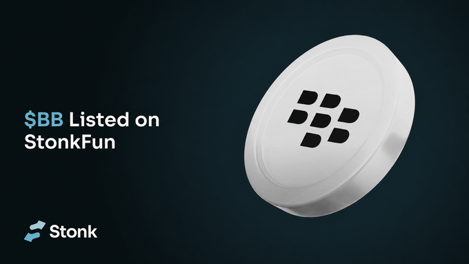An advertisement showing a white circular token with a logo, accompanied by the text '$BB Listed on StonkFunk' and the Stonk brand logo.