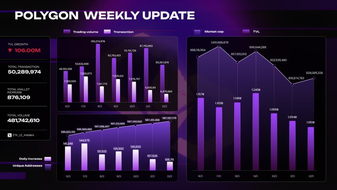 The image shows a colorful pie chart with purple bars representing different markets, with data indicating the performance of these markets over time for a Polygon weekly update. Despite a decline in TVL this week, activity remains strong across multiple markets. The graph also indicates that user growth is one of the strongest aspects of the L2 ecosystem and that there is high liquidity among the various financial sectors being tracked by Polygon Weekly Update.