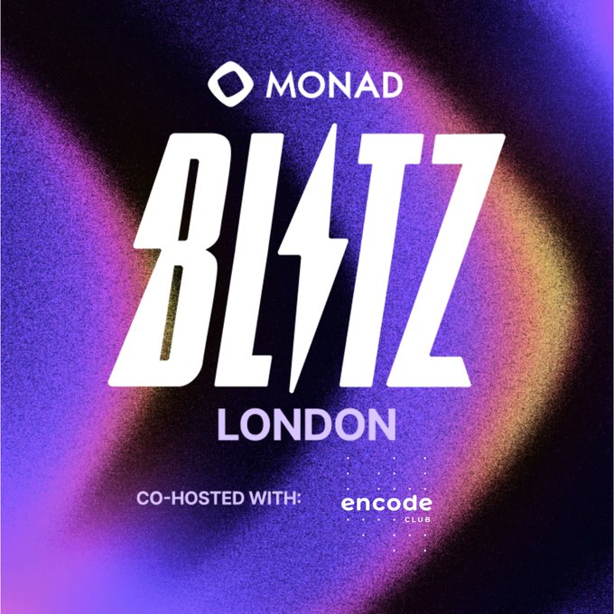 Event poster for 'MONAD BLITZ LONDON', co-hosted with 'encode CLUB', featuring bold white text on a purple and pink gradient background.