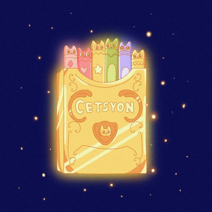 An illustration of a yellow candy box labeled 'CETSYON' with a cat face logo, filled with colorful, cat-themed candy sticks, set against a dark blue background with glowing yellow specks.