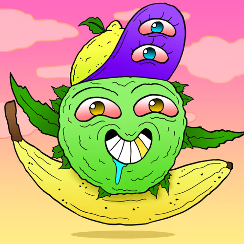 A psychedelic cartoon illustration of a green face with wide eyes, a tongue sticking out, and a purple mushroom on top, set against a pink sky with bananas.