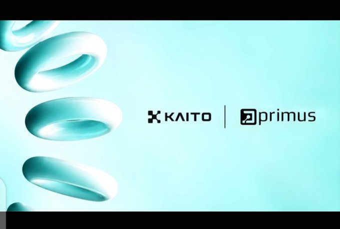 A light cyan background with floating 3D rings on the left and the logos for 'KAITO' and 'primus' displayed in the center.