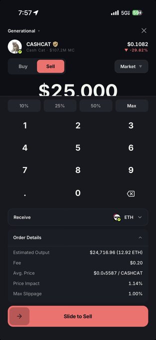 A mobile crypto exchange screen showing a sell order for CASHCAT (CASH CAT) at $25.000, with estimated output of $24,716.96 (12.92 ETH) and a price impact of 1.14%.