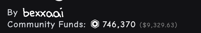 A black screen with white text reading 'By bexxaai' and 'Community Funds: [V] 746,370 ($9,329.63)', displaying TikTok community funding information.