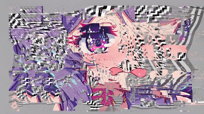 A distorted, glitch-art style anime illustration with purple and pink tones, featuring a character with an eye motif and pixelated fragments.