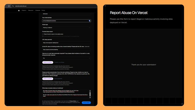 A side-by-side screenshot showing Vercel's abuse reporting form on the left and a 'Thank you for your submission!' confirmation page titled 'Report Abuse On Vercel' on the right, displayed against an orange background.
