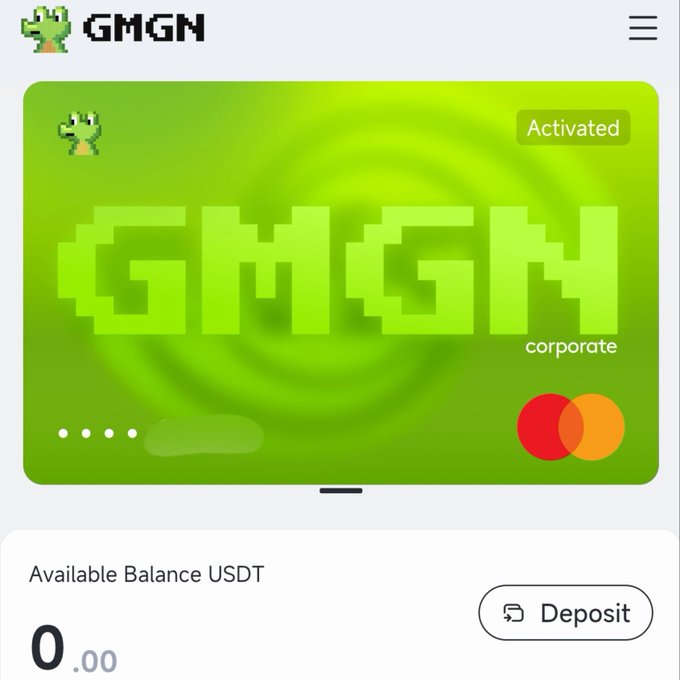A screenshot of the GMGN app interface shows an activated "GMGN corporate" card with a Mastercard logo and an available USDT balance of 0.00, alongside a Deposit button. The image directly supports the post's announcement about GMGN launching a crypto card, visually showcasing the new product with its activation status and payment network branding.