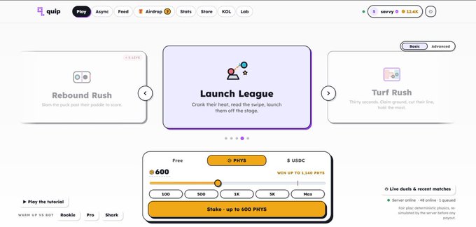 A screenshot of the Quilp platform showing the 'Launch League' game option selected, with 'Rebound Rush' and 'Turf Rush' alongside it, and a betting interface at the bottom offering 'Free 600' to 'Stake up to 600 PHYTS'.