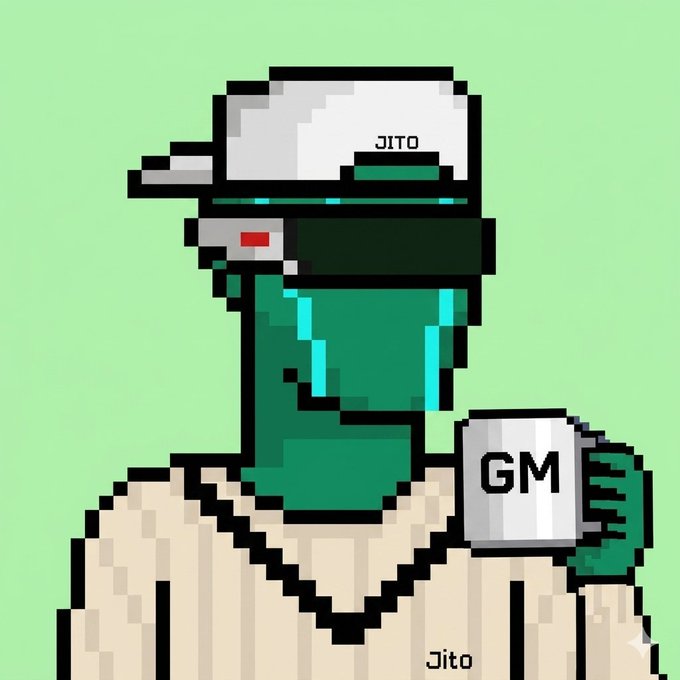 A pixel art illustration shows a green-skinned figure wearing a white cap labeled "JITO," a dark visor with cyan highlights, and a cream sweater, holding up a stone marked "GM" with "Jito" watermarked at the bottom. The "GM" stone ties directly into the post's "GM CT Happy Tuesday" greeting, while the "JITO" branding signals it's a Solana Jito-related crypto community share.