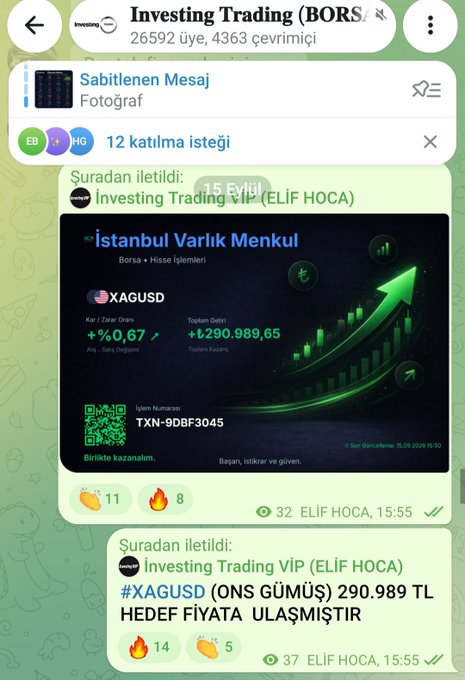 A Telegram channel screenshot for 'Investing Trading (BORS)' with 26,592 members showing a message about 'XAGUSD' (silver/ons gümüş) reaching a target price of 290.989 TL.