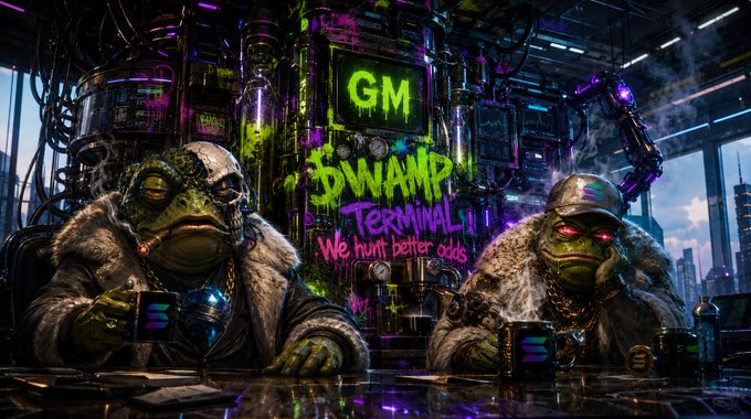The image features two green frog statues sitting at a table with cups of coffee. One of the frogs has a hat on, while the other does not. The background shows a neon sign that reads "GMP from the machine beneath the chain. Coffee is live. Screens are awake. $WAMP is already tracking, learning, adapting. The terminal never sleeps. It just waits for the market to blink."