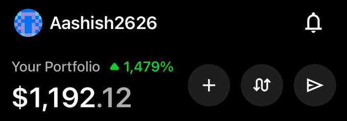 A dark-themed stock portfolio screen showing the username 'Aashish2626' with 'Your Portfolio' up 1,479% and a value of $1,192.12.