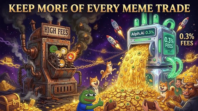 The image is a meme comparing two trading bots side-by-side, with a rusty, smoke-emitting machine labeled "HIGH FEES" with trapped meme coins (Dogecoin, Shiba Inu, Pepe) on the left, and a sleek futuristic machine labeled "Alph.Ai 0.3%" pouring a massive stream of gold coins on the right, surrounded by happy meme characters celebrating. The bold header reads "KEEP MORE OF EVERY MEME TRADE," visually reinforcing the post's claim that Alph.Ai offers the lowest 0.3% fees for meme trading across multiple chains.