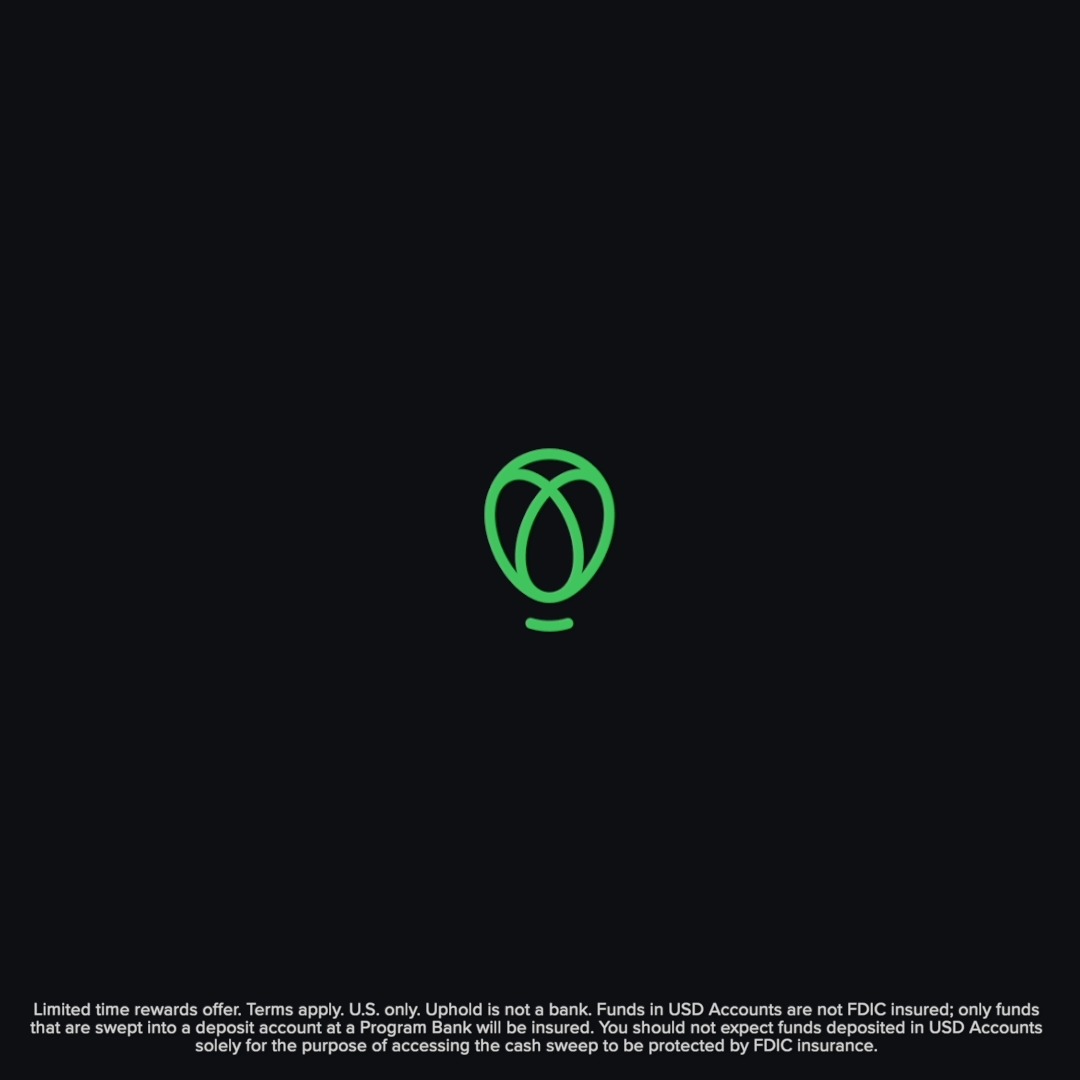 The Uphold logo, featuring a stylized green lantern-like symbol, appears centered against a black background, with a disclaimer at the bottom noting that the rewards offer is limited-time, U.S. only, and clarifying that Uphold is not a bank with FDIC insurance applying only to funds swept into a Program Bank deposit account.