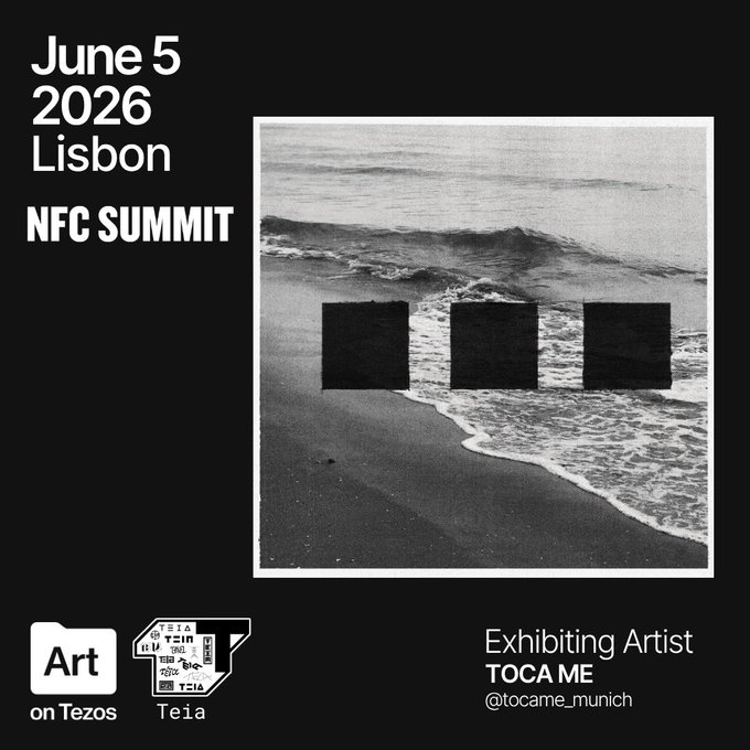 The image features a poster with three squares, one of which is a black square located in the bottom right corner of the poster while another square is present at the top left corner. In addition, there is a small watermark that says " @toame_munich" at the bottom right side of the poster. The text on the poster indicates an upcoming event with an artist named @artontezos from Teia, scheduled for June 5th in Lisbon. This event seems to be related to the NFC Summit as there is another small black square located just below it.