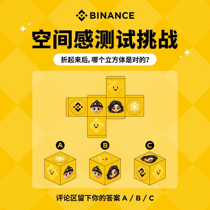 A Binance promotional graphic in Chinese titled '空间感测试挑战' (Spatial Perception Test Challenge), asking '折起后,哪个立方体是对的?' (After folding, which cube is correct?) with three cube options A, B, and C.
