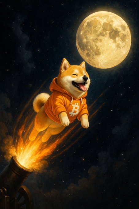 The image features a Shiba Inu dog wearing an orange hoodie, flying through space with a cannon that is shooting flames out of its mouth. The background shows a full moon, which adds to the overall atmosphere of the scene. The caption provided in the image seems to be related to Bitcoin or cryptocurrency, possibly referencing the dog's name or some aspect of Bitcoin culture.