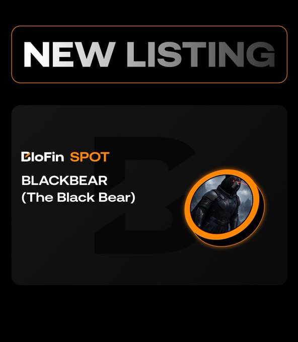 A "NEW LISTING" announcement on BloFin Spot featuring the $BLACKBEAR (The Black Bear) token, with a black bear mascot image in an orange-bordered circle, accompanying details about the token's deposit, trading, and withdrawal schedule.