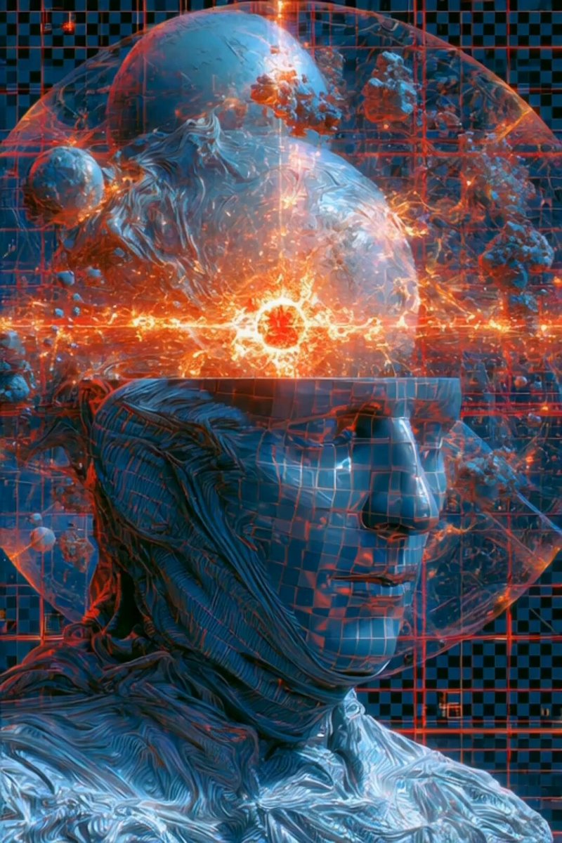The image features an abstract representation of a human head with a red light at its center, which appears to be emitting a bright flame or fire. The background consists of a grid-like pattern that extends into space, creating a sense of depth and dimensionality. The image is accompanied by a caption that reads "Day 147 Synaptic Event Horizon on @TransientLabs The grid lines map the mind. A blue wireframe architecture holding back a celestial furnace. Watch the crown of consciousness lift revealing a hypernova pulsing in the center of thoughts." This suggests that the image may be related to a scientific or technological concept, possibly involving the fusion of human consciousness and advanced technology.