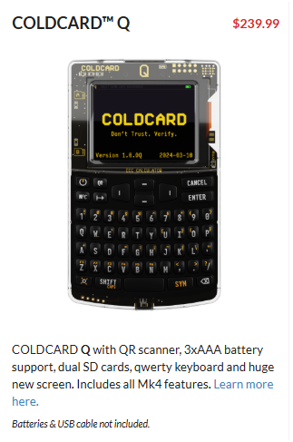 The image shows a product listing for the **COLDCARD™ Q** priced at **$239.99**, a hardware crypto wallet featuring a QR scanner, 3xAAA battery support, dual SD card slots, QWERTY keyboard, and a large screen. It relates to the post by highlighting the Coldcard as a more secure alternative the user considered switching to, after moving away from Ledger due to backdoor concerns.