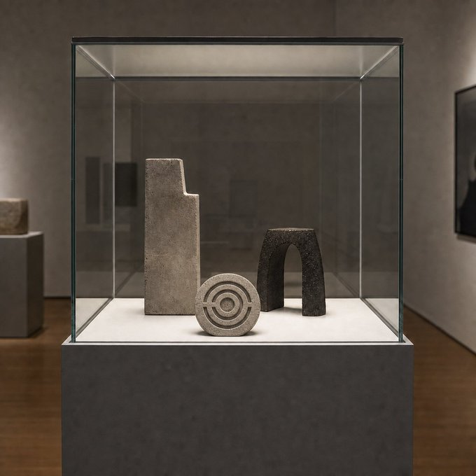 Three abstract stone sculptures of varying shapes displayed inside a glass museum case.