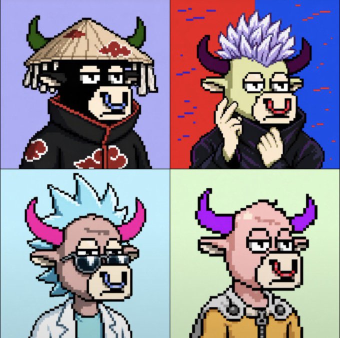 A 2x2 grid of pixel art NFT-style character portraits featuring bull-like creatures with horns and colorful spiky hair in various outfits.