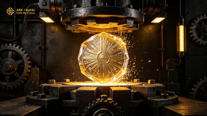 A glowing golden coin is being forged under a massive industrial press amid scattered sparks, symbolizing the crafting process. The watermark "ARK | DeFAI: Code the Future" and visible "ARK" branding tie directly to the post's message about refining raw inputs into purposeful, AI-driven outputs within the Arkie AI ecosystem.