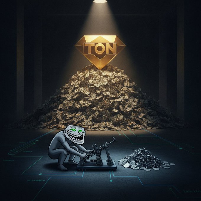 A dark, dramatic scene features a trollface character operating a coin press beneath a massive pile of cash and a glowing 'TON' diamond logo under a spotlight.