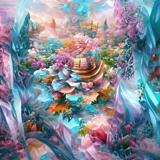 An abstract, dreamlike digital artwork featuring translucent pastel fabrics, vibrant flowers, and colorful crystalline textures in shades of pink, blue, and orange.