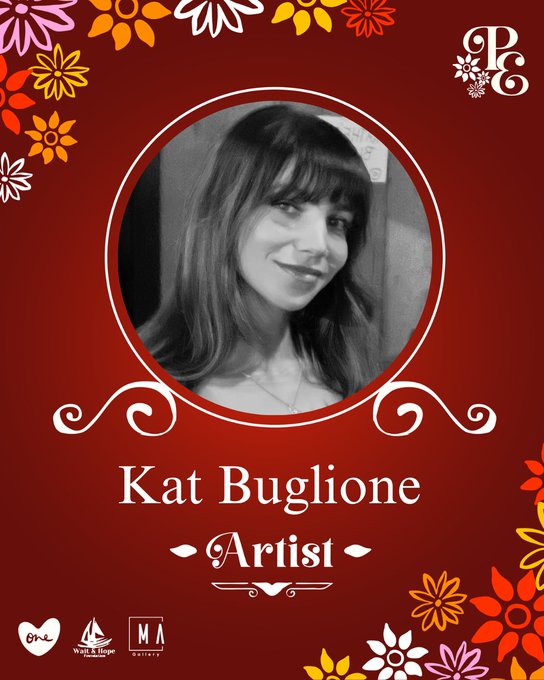 A promotional graphic with a red floral border featuring a black-and-white portrait of a woman, labeled 'Kat Buglione' and 'Artist'.