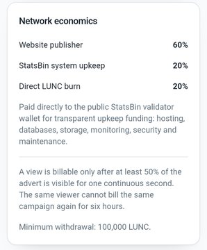 An informational graphic detailing 'Network economics' showing 60% to website publisher, 20% to StatsBin system upkeep, and 20% direct LUNC burn, with a minimum withdrawal of 100,000 LUNC.