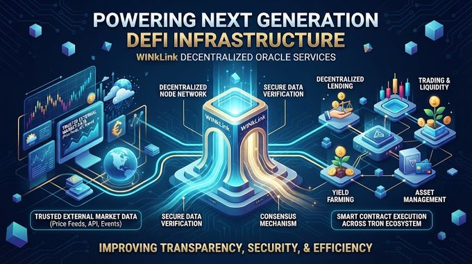 A promotional infographic for WinkLink Decentralized Oracle Services advertising next-generation DeFi infrastructure, featuring services like decentralized node network, secure data verification, yield farming, and trading/liquidity.
