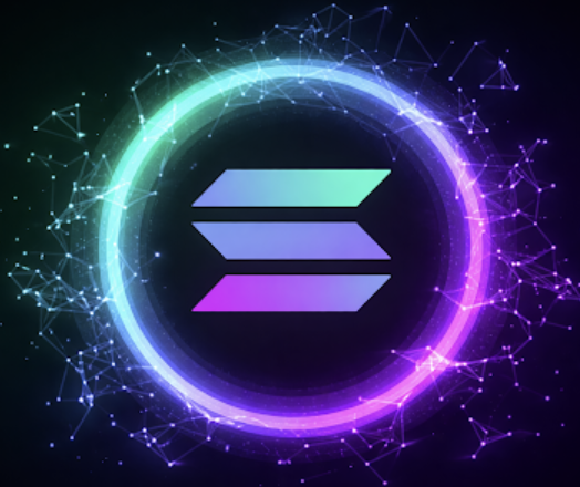 A digital artwork featuring the Solana logo centered within a glowing neon circle, surrounded by a network of connected nodes and lines in purple, blue, and pink hues against a dark background.