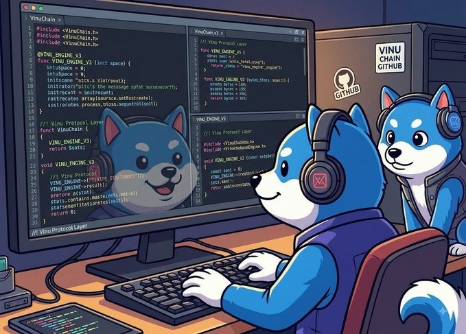 An anime-style illustration of two blue Shiba Inu characters wearing headphones and coding at a computer, with 'VINU CHAIN' and 'GITHUB' logos visible and code displayed on the monitor.