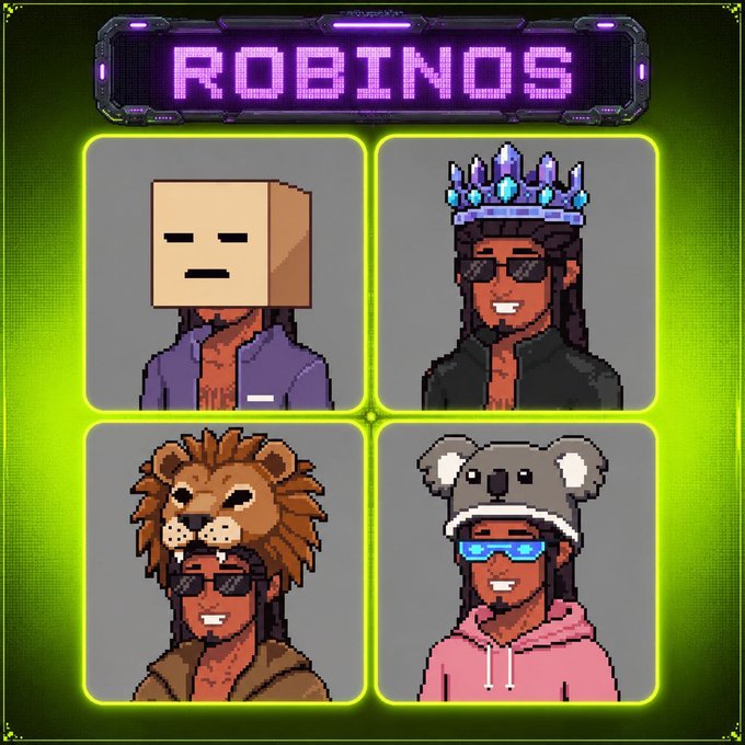 A pixel-art style image titled 'ROBINOS' displaying four character avatars in a 2x2 grid: a person with a cardboard box on their head, a person wearing a jeweled crown and sunglasses, a person in a lion mane hat, and a person in a koala hat with blue glasses.