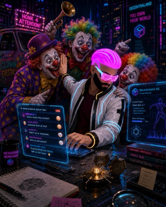 A vibrant, cyberpunk-style illustration depicting clowns and a person with neon pink hair and shutter shades using a futuristic laptop and holographic interfaces, with visible text including 'HONK 4 ATTENTION!', 'CLOWN FIESTA', 'DECENTRALAND YOU OWN YOUR WORLD', 'BUILD DANCE CREATE INSPIRE', 'Decentraland HQ', and 'METAVERSE WORKSHOP'.
