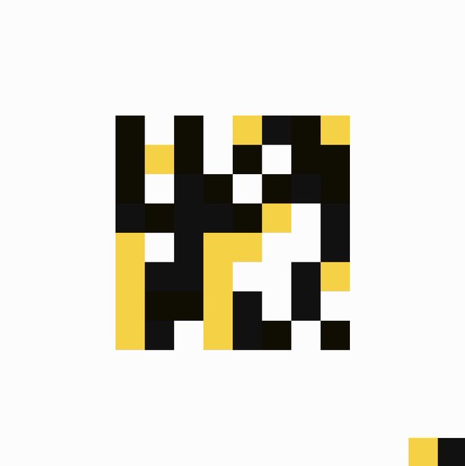 A pixelated QR code or graphic design featuring black, white, and yellow squares on a light background.