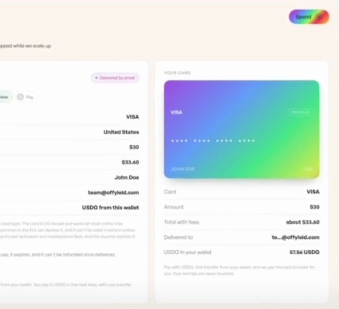 A digital payment confirmation screen shows a Visa virtual card purchase from Offyeld for $30 ($33.60) by John Doe, displaying a holographic gradient card design.
