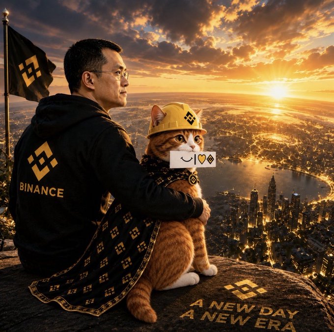 An AI-generated image of a man wearing a Binance hoodie with his arm around a cat in a Binance hardhat and scarf, overlooking a cityscape at sunset with 'A NEW DAY A NEW ERA' text.