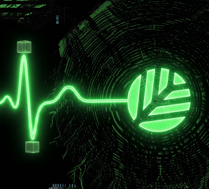 A glowing neon green heartbeat-style pulse line extends from two small 3D cubes into a circular emblem featuring a stylized, segmented logo, set against a dark textured tunnel background. The pulsing imagery visually conveys the "lifeblood" of the community-driven ecosystem, symbolizing how collective creativity—like the launch of Block Rocket on CNPY Network—feeds energy into real, usable products.