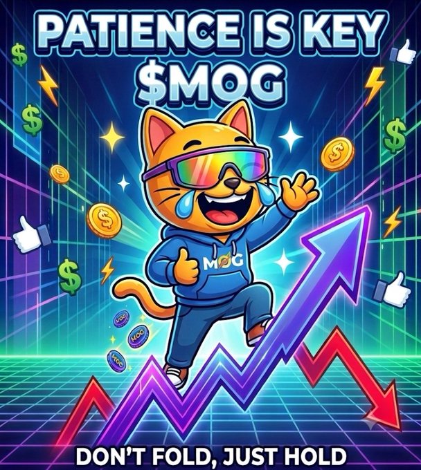 A vibrant promotional graphic featuring a cartoon cat wearing rainbow sunglasses and a 'MOG' hoodie with the text 'PATIENCE IS KEY $MOG' at the top and 'DON'T FOLD, JUST HOLD' at the bottom, surrounded by rising chart arrows and floating coins.