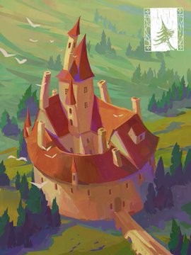 A colorful digital illustration depicts a fantasy castle with red roofs and towers nestled in a green landscape with a winding path, with a stamp-like logo in the upper right corner.