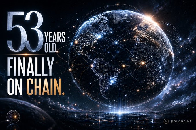 The image features a large globe with numerous small dots representing connections between cities, symbolizing a worldwide network of communication or transportation. The caption below the image reads "53 years old finally ON CHAIN", indicating that the globe has been officially added to the blockchain. This statement is made by @GLOBEINF, which is a popular Ethereum protocol for creating and managing distributed ledgers called smart contracts. These smart contracts can be used in various applications such as cryptocurrency trading or supply chain management.