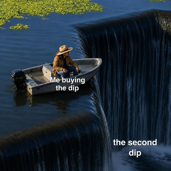 A meme showing a man in a cowboy hat calmly sitting in a small boat at the edge of a waterfall, labeled "Me buying the dip" on the boat and "the second dip" on the waterfall below.