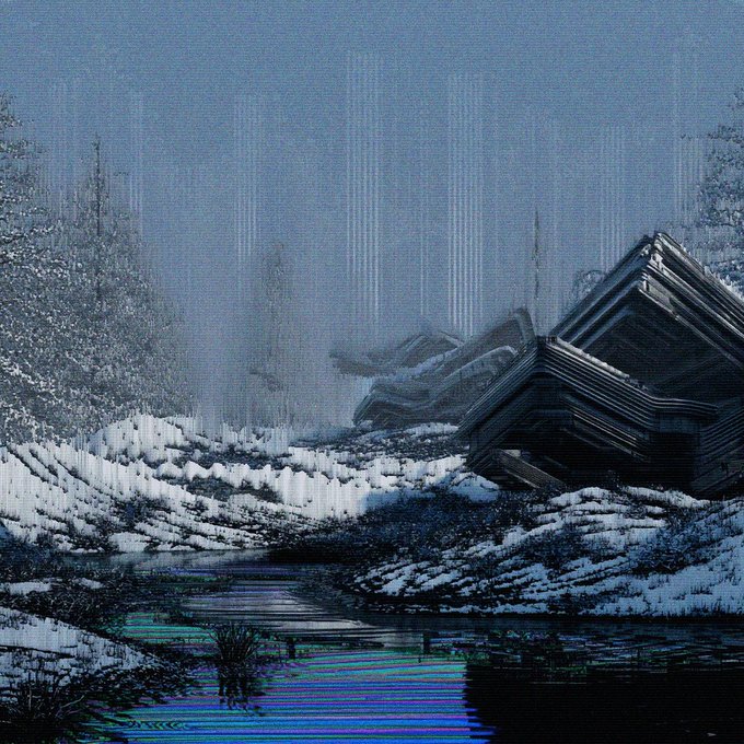 A dark, moody winter landscape with snow-covered ground and a stream reflecting vibrant colors, beside a collapsed, angular structure.