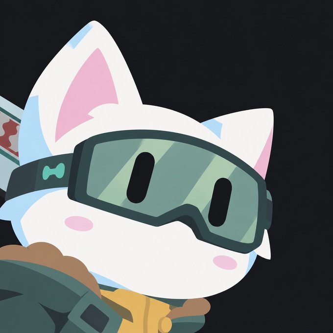 An animated character with a white and pink animal-like face wearing large green goggles and a green jacket appears against a dark background.